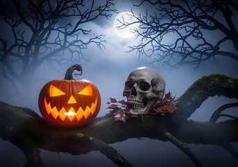 Halloween Night - Spooky Pumpkin and Skull Under Moonlight.