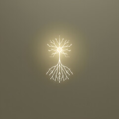 Abstract glowing tree-like design with roots and branches, radiating light against a muted background.