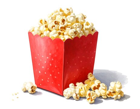 A vibrant depiction of a red popcorn container filled with golden kernels, presented against a white background.