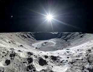 A vast lunar landscape, illuminated by a radiant celestial body, showcasing craters and textured terrain.