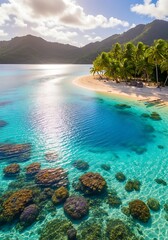 Fototapeta premium Idyllic tropical island vista with vibrant ocean colors and coral reefs