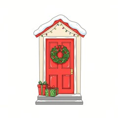 Festive Christmas Doorway with Wreath and Gifts Illustration.