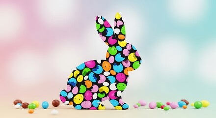 Colorful Easter Bunny Silhouette with Candy Eggs on Pastel Background.
