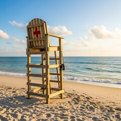 Lifeguard Chair on Sandy Beach at Sunrise.