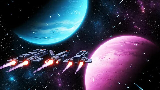 pixel art spaceship fleet flying past planets in deep space