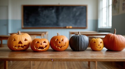 Collection of carved pumpkins with various expressions displayed on a wooden table in a classroom setting, showcasing Halloween spirit and creativity