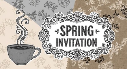 Spring Invitation Design with Coffee Cup and Floral Background.