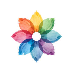 Watercolor flower with rainbow colored petals arranged around a central white circle.
