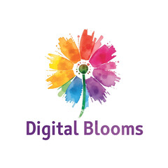 Watercolor flower logo with rainbow petals and the text "Digital Blooms" underneath.