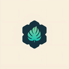 A stylized leaf design enclosed within a dark hexagonal shape, on a neutral background.