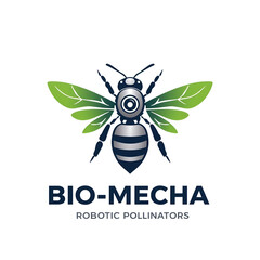 Robotic bee logo featuring a metallic body, camera eye, and leaf wings, labeled "BIO-MECHA ROBOTIC POLLINATORS.".