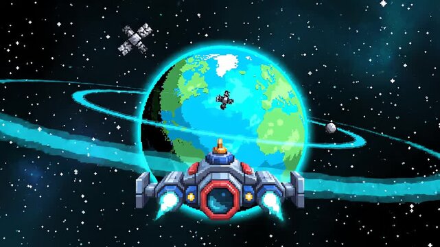 pixel spaceship flying past planet in outer space adventure