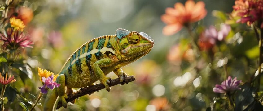 A fascinating macro time-lapse showing a chameleon's incredible ability to change its skin color to match its vibrant surroundings. A perfect display of adaptation and natural camouflage.