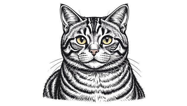 Detailed black and white illustration of a tabby cat's head, showcasing intricate line work and bold features.