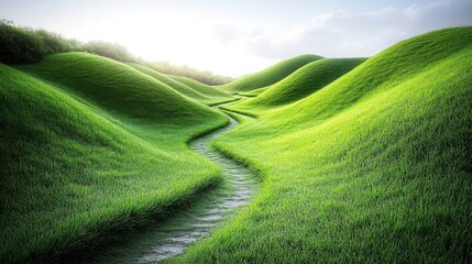 Winding stone path leads through lush, rolling green hills under a bright sky
