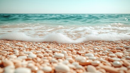 Close-up of ocean waves gently washing over a pebble beach under a clear, bright sky