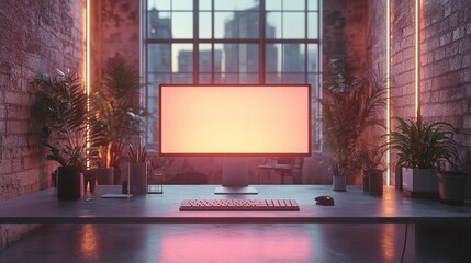 Modern workspace, featuring a monitor on a desk, potted plants, neon glow, and a city backdrop
