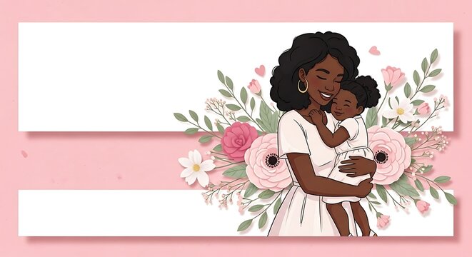 Mother and Child Illustration with Floral Accents for Mothers Day. - Powered by Adobe