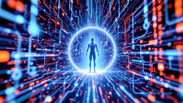 Futuristic digital human silhouette stands in glowing circuit tunnel, vibrant neon blue and orange, technology, innovation, energy