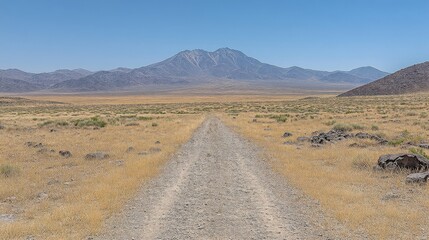 Desert landscape featuring a dirt road leading towards mountains under a vast, blue sky