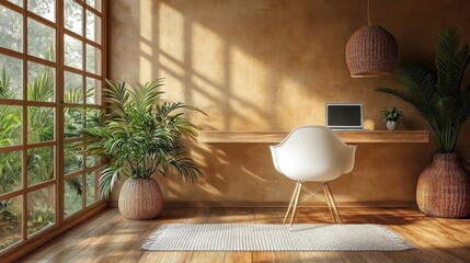 Sunlit interior with wooden desk, modern chair, plants, and window view