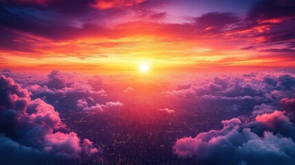 Fiery sunset casts vibrant hues over a sea of fluffy clouds, with city lights below