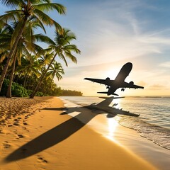 Tropical Getaway - Airplane Taking Off at Sunset on a Beach.