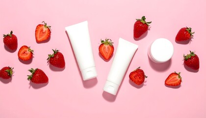 Strawberry Skincare Products on Pink Background.
