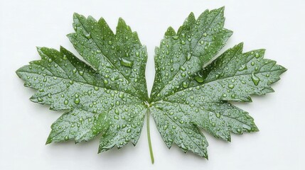 Close-up of a fresh, green leaf glistening with water droplets, on a clean, white surface
