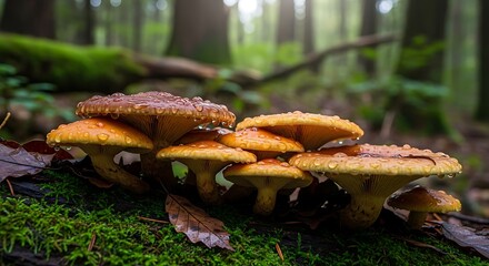 Honey Fungus Cluster in a Lush Forest Setting.
