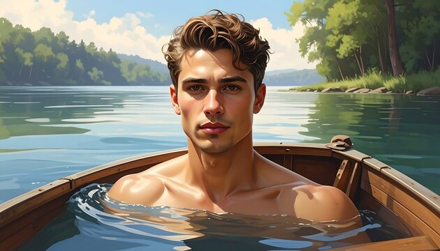 A handsome young man, sun-kissed and serene, reclines in a wooden rowboat on a tranquil lake, bathed in warm summer light.