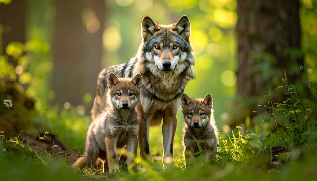 A grey wolf and its two pups stand proudly in a sun-drenched forest, their postures showcasing the bond of family.