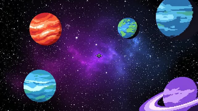 retro pixel art planets in galaxy space