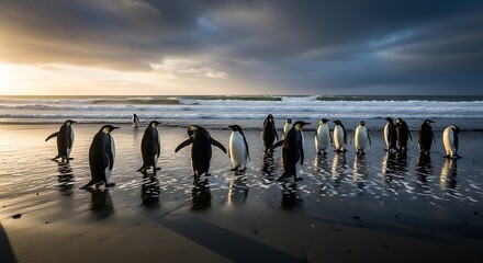 Penguins on a Beach at Sunset - A Coastal Gathering.