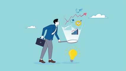 Data scientist, analyze data to produce recommendation and company decision support, analyze data for business insight, businessman analyzing lightbulb idea using magnifying glass for business insight