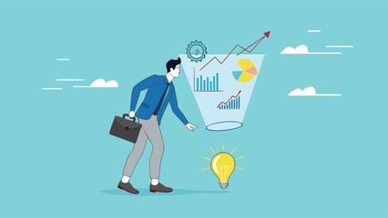 Data scientist, analyze data to produce recommendation and company decision support, analyze data for business insight, businessman analyzing lightbulb idea using magnifying glass for business insight
