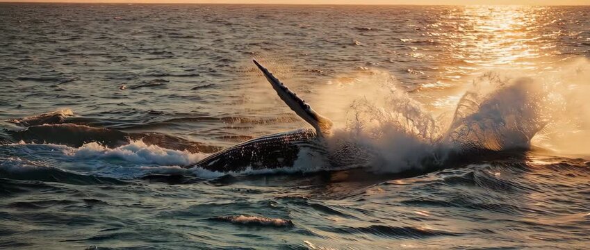 A breathtaking, cinematic slow-motion shot of a humpback whale breaching at sunset. A truly powerful and awe-inspiring display of nature's grandeur and the majesty of marine life.