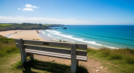 Scenic Coastal View from a Bench in Cornwall, UK.