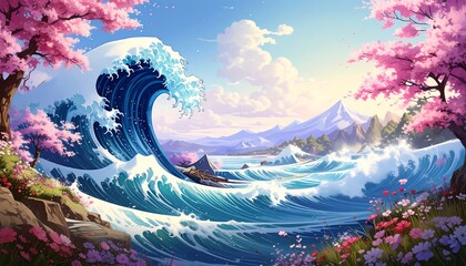 Peaceful Wave Meets Blooming Cherry Blossoms.