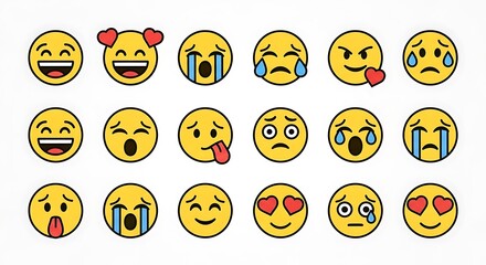 Diverse Emoji Faces Expressing Various Emotions and Feelings.