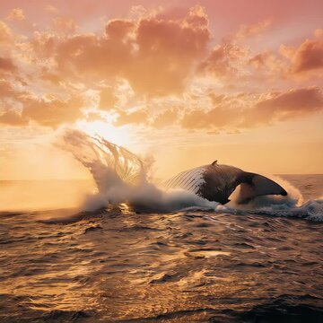 A breathtaking, cinematic slow-motion shot of a humpback whale breaching at sunset. A truly powerful and awe-inspiring display of nature's grandeur and the majesty of marine life.