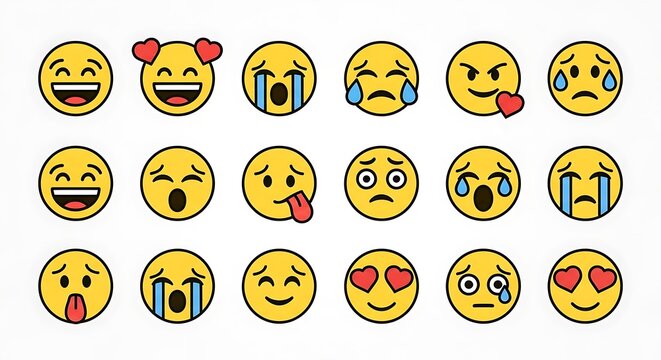 Diverse Emoji Faces Expressing Various Emotions and Feelings.