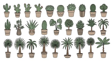 Collection of Potted Plants - Cacti, Succulents, and Palms.