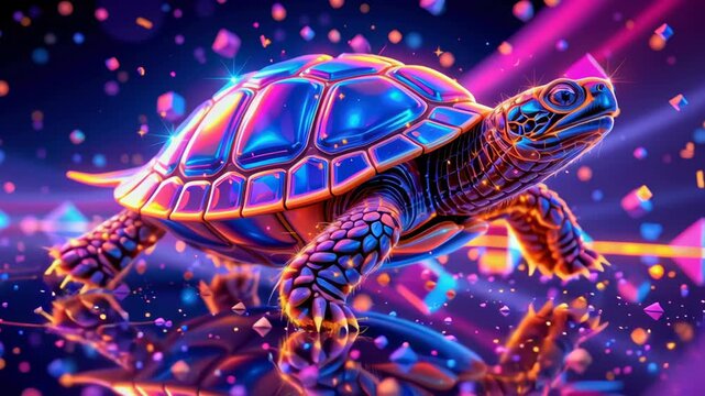 Holographic tortoise glides through vibrant neon lights, glowing shell, digital art, surrounded by floating geometric shapes, creating futuristic