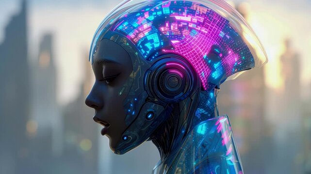 Futuristic female android with glowing digital helmet and serene expression, advanced technology, vibrant neon cityscape, cyberpunk style