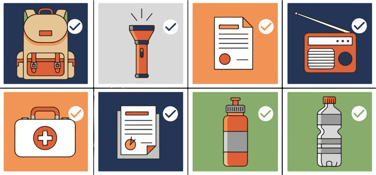 Essential emergency preparedness items vector. Backpack, flashlight, first aid, radio, water, and vital documents checked for disaster readiness and survival safety