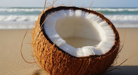 Coconut Half on Sandy Beach with Ocean Backdrop.