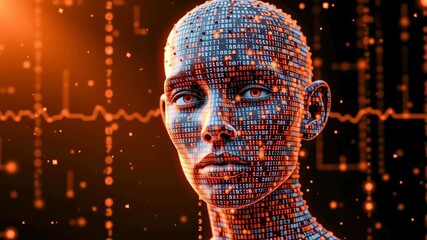 Digital portrait of human bust with binary code, artificial intelligence, glowing orange light, futuristic technology concept, data visualization - Powered by Adobe