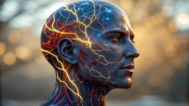 Futuristic human head profile with glowing neural network, digital veins, electric energy, and vibrant lines symbolizing advanced technology