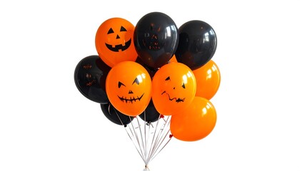 A cluster of black and orange balloons, decorated with jack-o'-lantern faces, against a plain white background, creates a festive and vibrant Halloween-themed image.